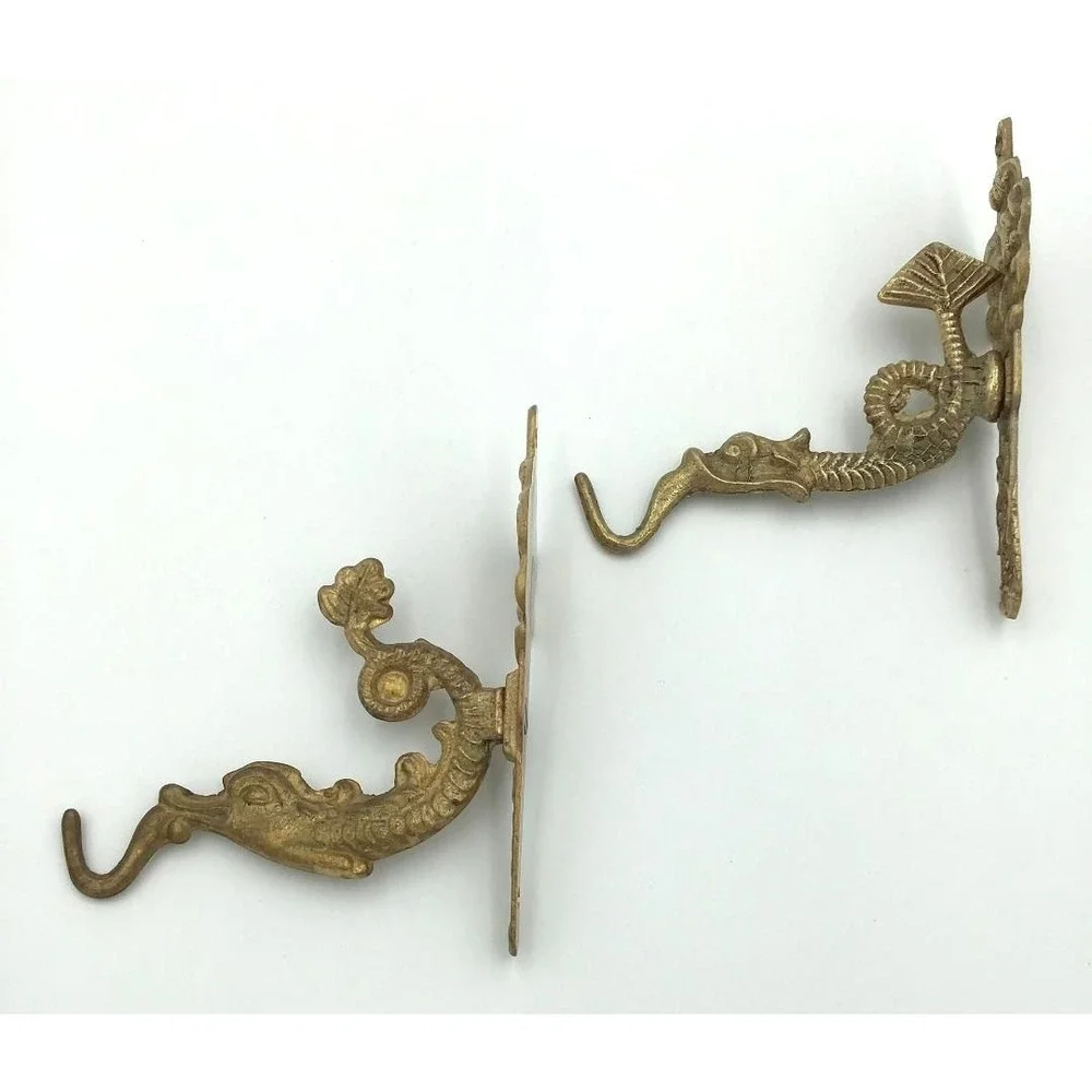 VTG Brass Dragon Sea Creature Wall Hooks Ornate Nautical Decor Set of 2 Coastal